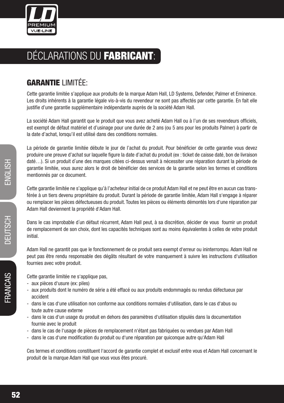 Déclarations du fabricant, 52 garantie limitée, English deutsch francais | LD Systems SP 6K User Manual | Page 52 / 56