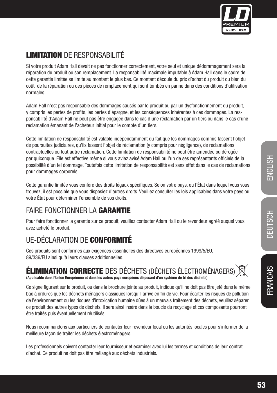 53 limitation de responsabilité, Faire fonctionner la garantie, Ue-déclaration de conformité | Élimination correcte des déchets, English deutsch francais | LD Systems SP 6K User Manual | Page 53 / 56