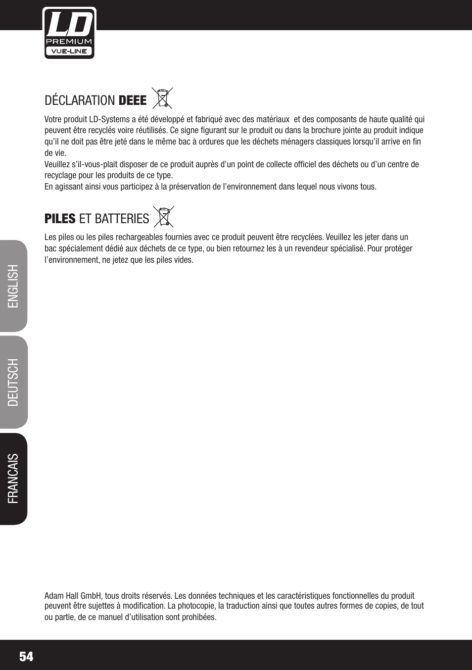54 déclaration deee, Piles et batteries, English deutsch francais | LD Systems SP 6K User Manual | Page 54 / 56