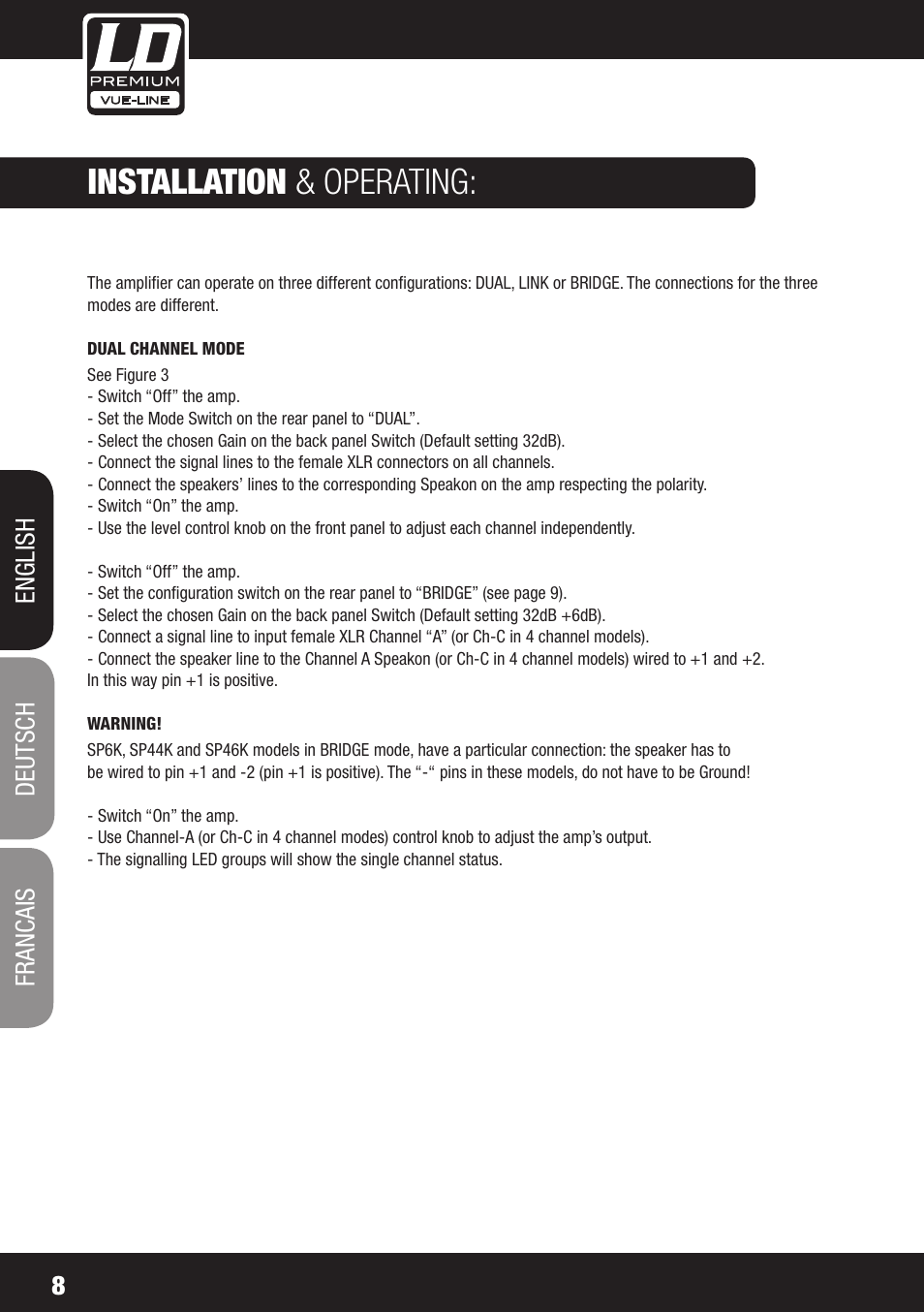 Installation & operating, 8english deutsch francais | LD Systems SP 6K User Manual | Page 8 / 56