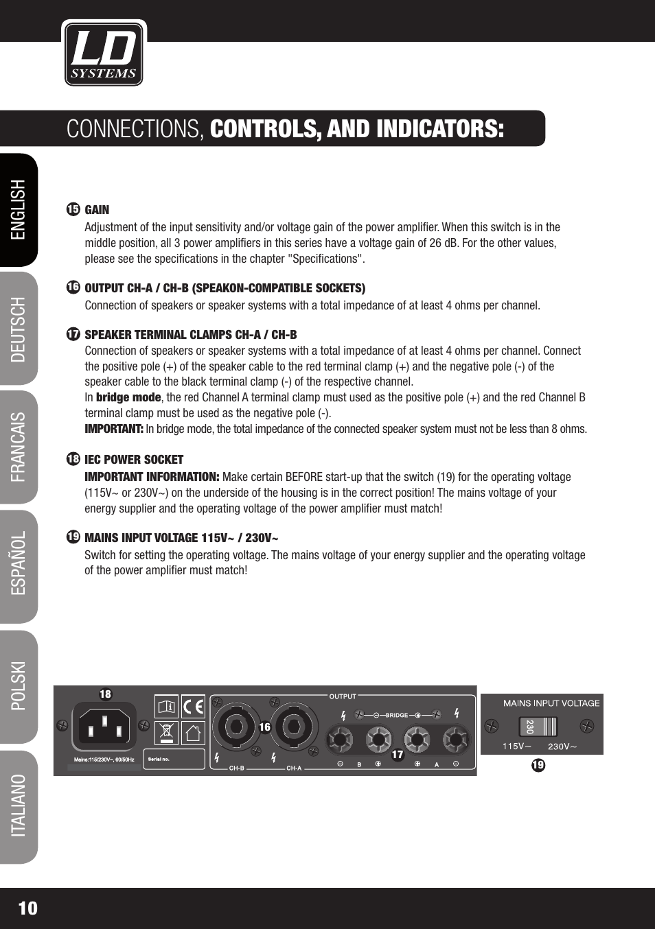 Connections, controls, and indicators | LD Systems XS 700 User Manual | Page 10 / 100