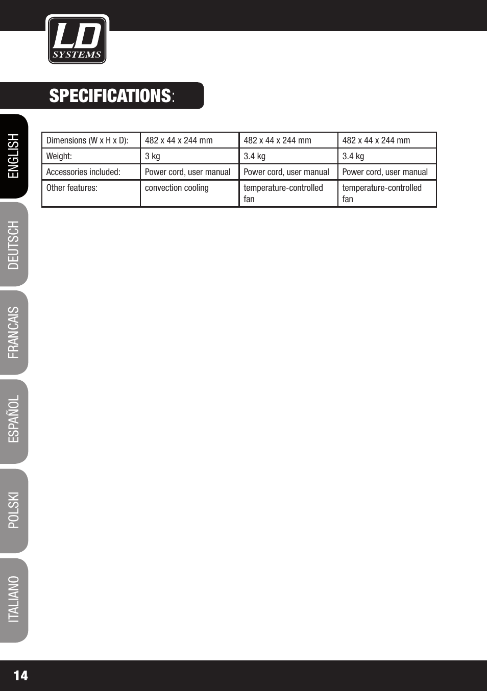 Specifications | LD Systems XS 700 User Manual | Page 14 / 100