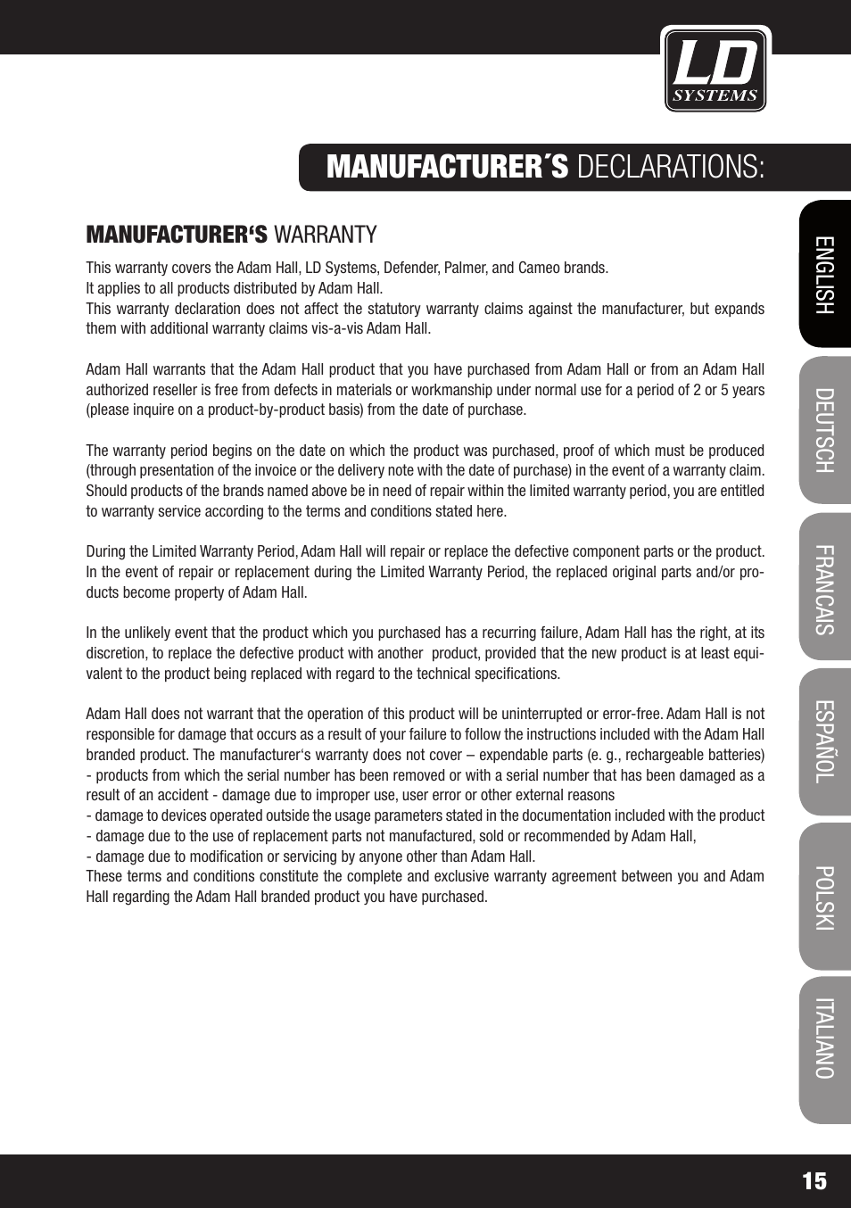 Manufacturer´s declarations | LD Systems XS 700 User Manual | Page 15 / 100