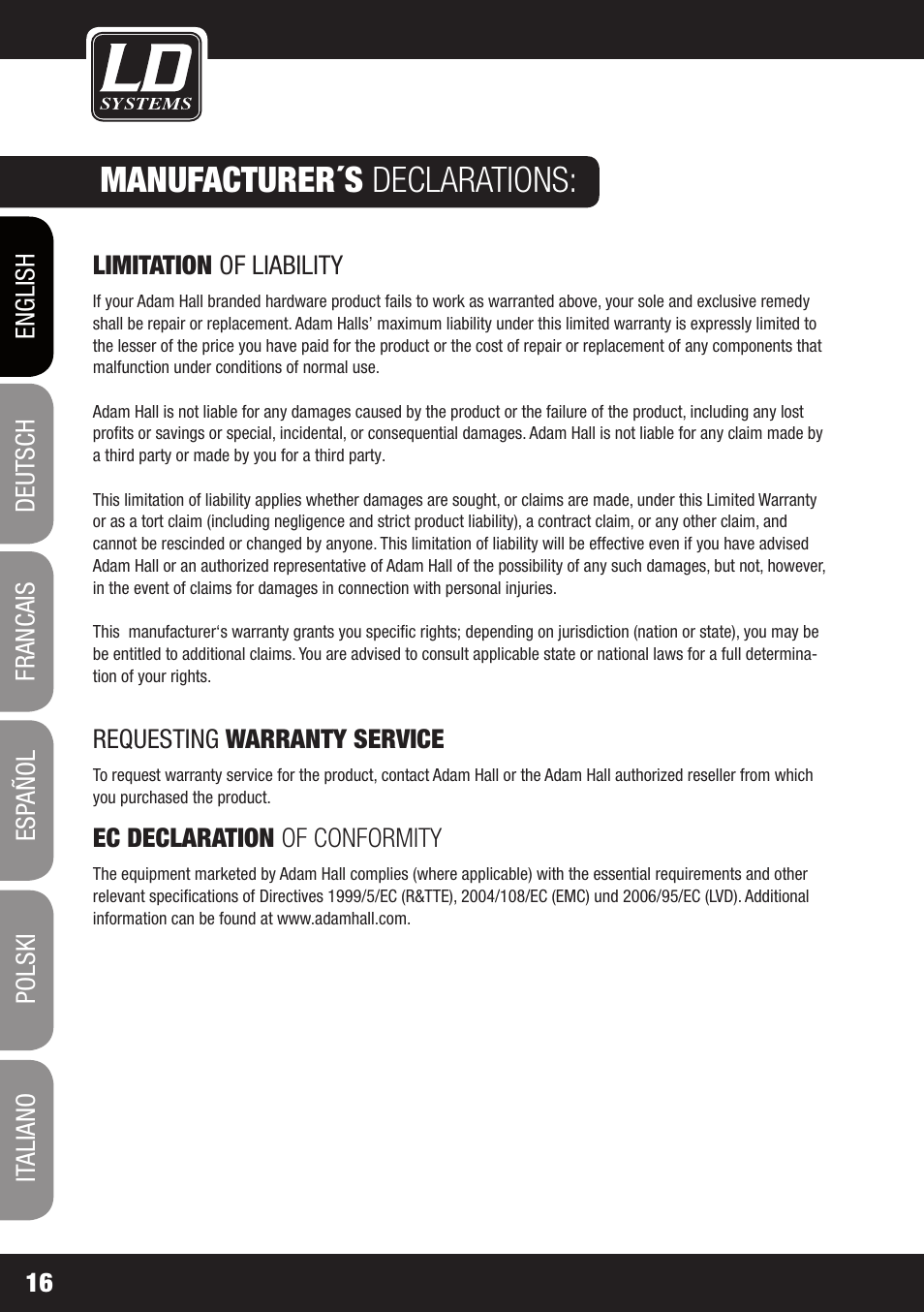 Manufacturer´s declarations | LD Systems XS 700 User Manual | Page 16 / 100