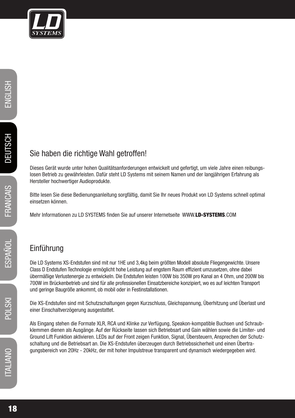 LD Systems XS 700 User Manual | Page 18 / 100