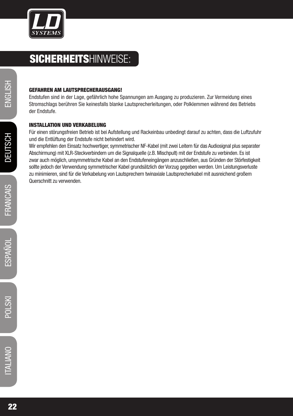 Sicherheits hinweise | LD Systems XS 700 User Manual | Page 22 / 100