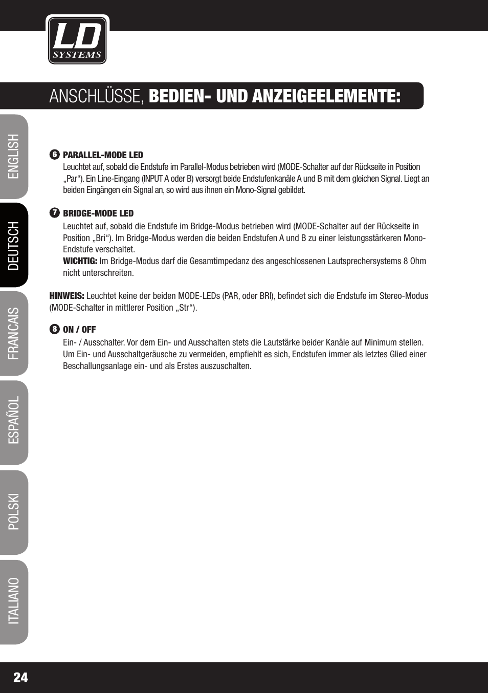 Anschlüsse, bedien- und anzeigeelemente | LD Systems XS 700 User Manual | Page 24 / 100