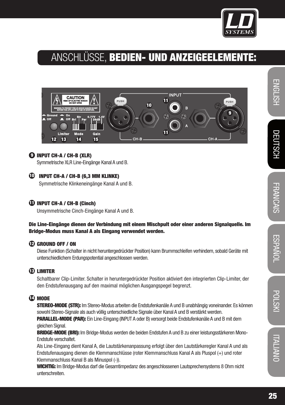 Anschlüsse, bedien- und anzeigeelemente | LD Systems XS 700 User Manual | Page 25 / 100