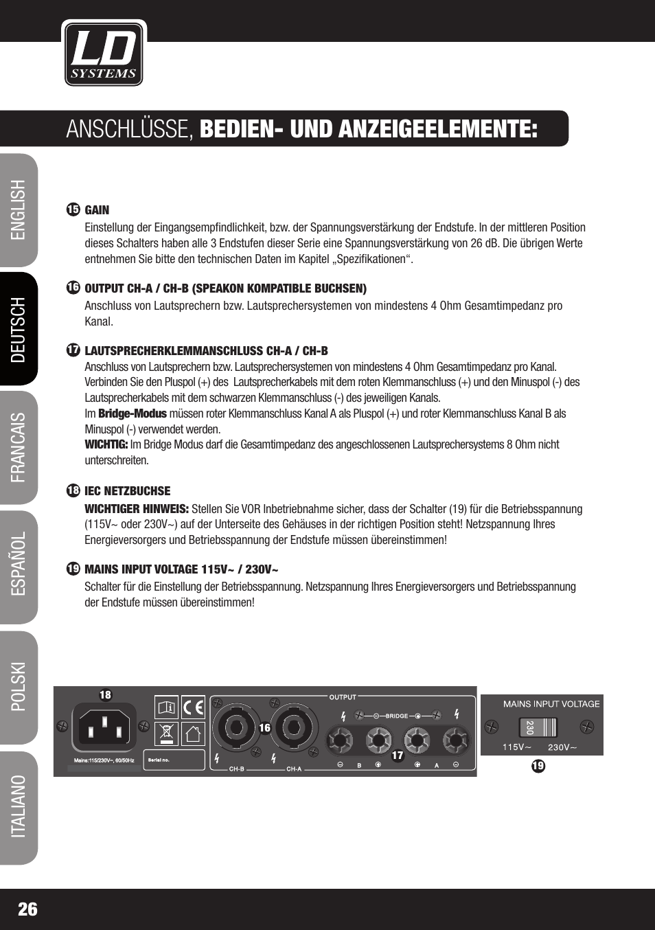 Anschlüsse, bedien- und anzeigeelemente | LD Systems XS 700 User Manual | Page 26 / 100