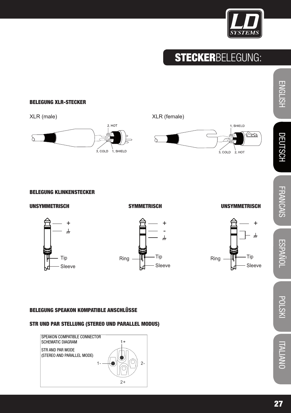 Stecker belegung | LD Systems XS 700 User Manual | Page 27 / 100