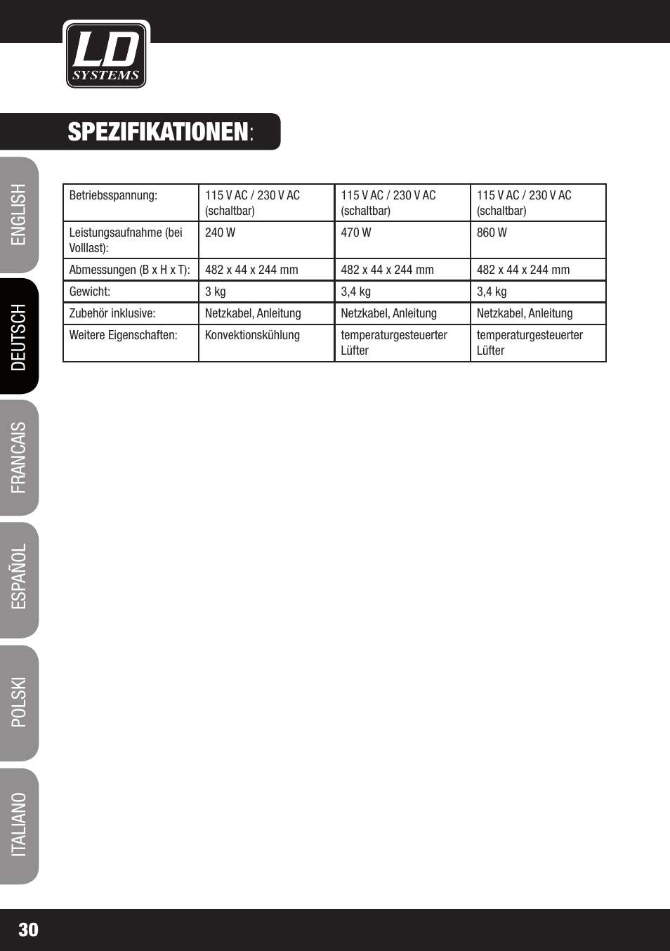 Spezifikationen | LD Systems XS 700 User Manual | Page 30 / 100