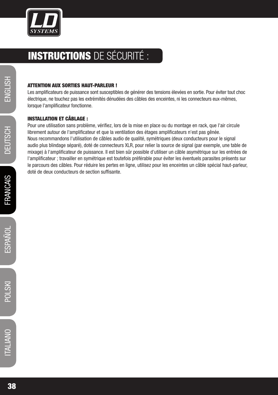 Instructions de sécurité | LD Systems XS 700 User Manual | Page 38 / 100