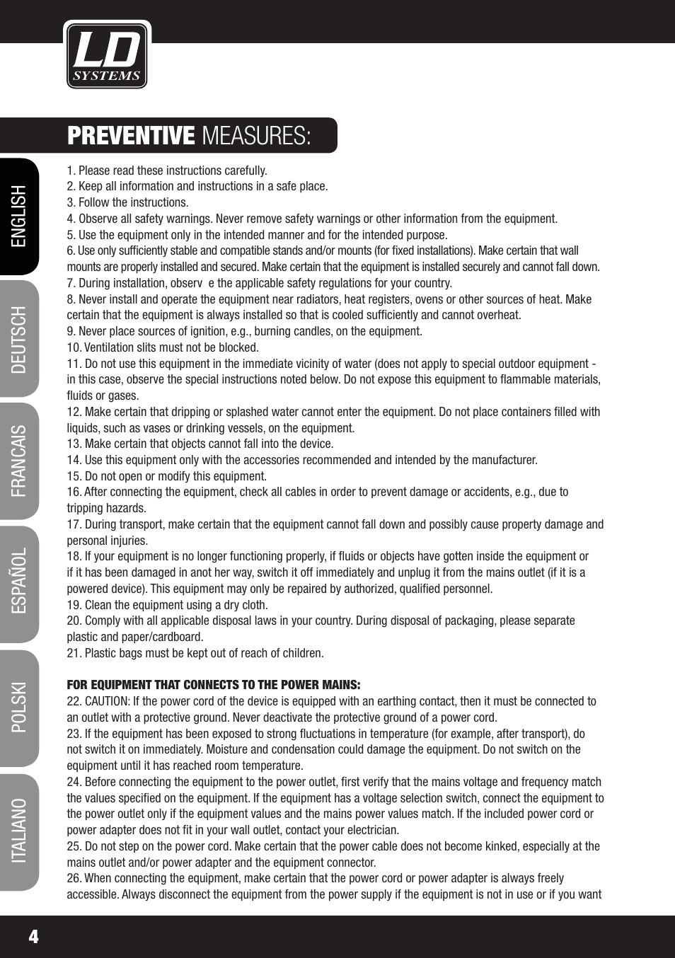 Preventive measures | LD Systems XS 700 User Manual | Page 4 / 100