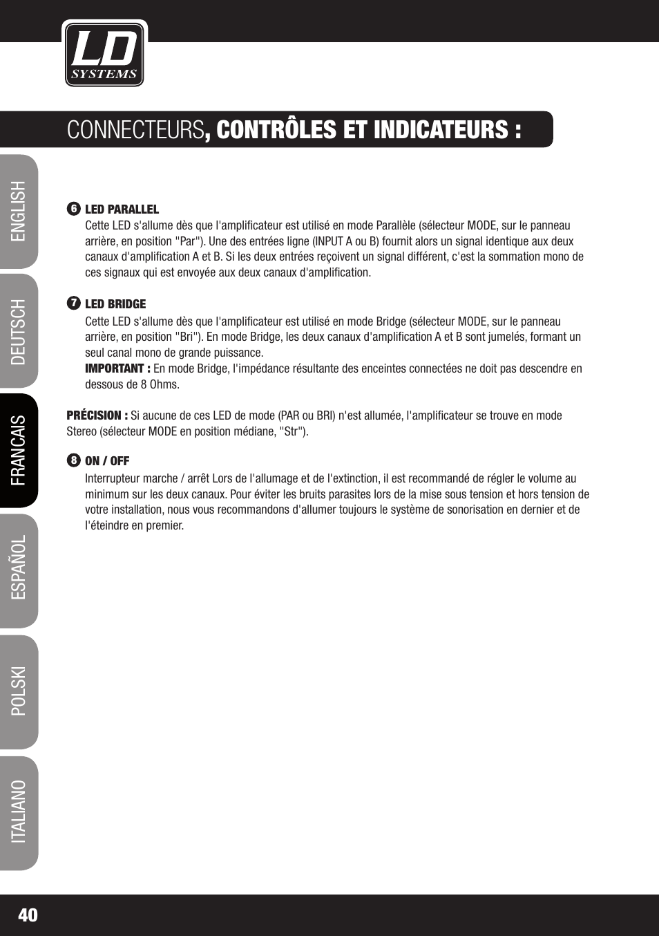 Connecteurs , contrôles et indicateurs | LD Systems XS 700 User Manual | Page 40 / 100