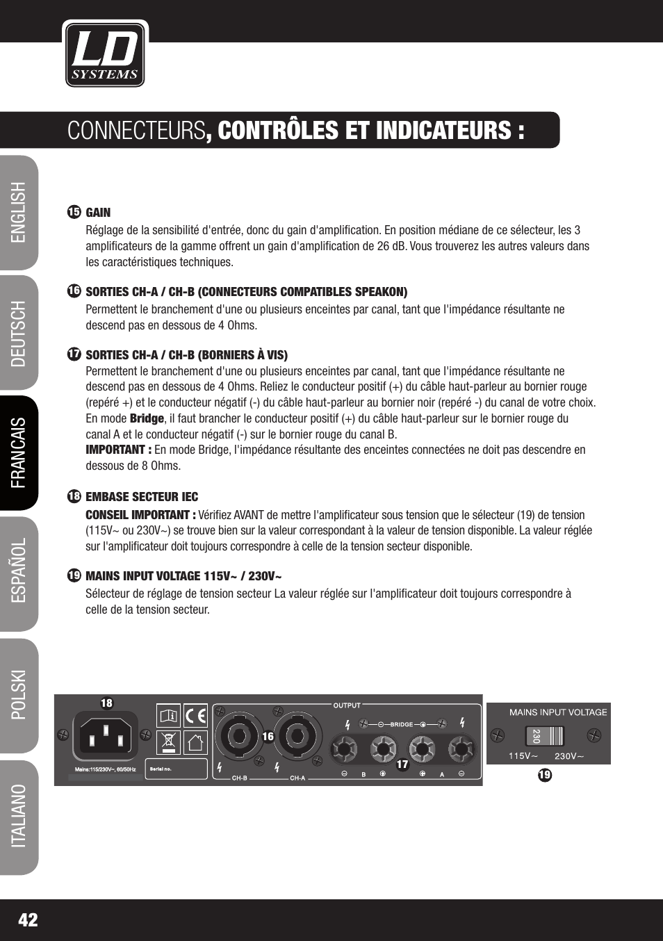 Connecteurs , contrôles et indicateurs | LD Systems XS 700 User Manual | Page 42 / 100