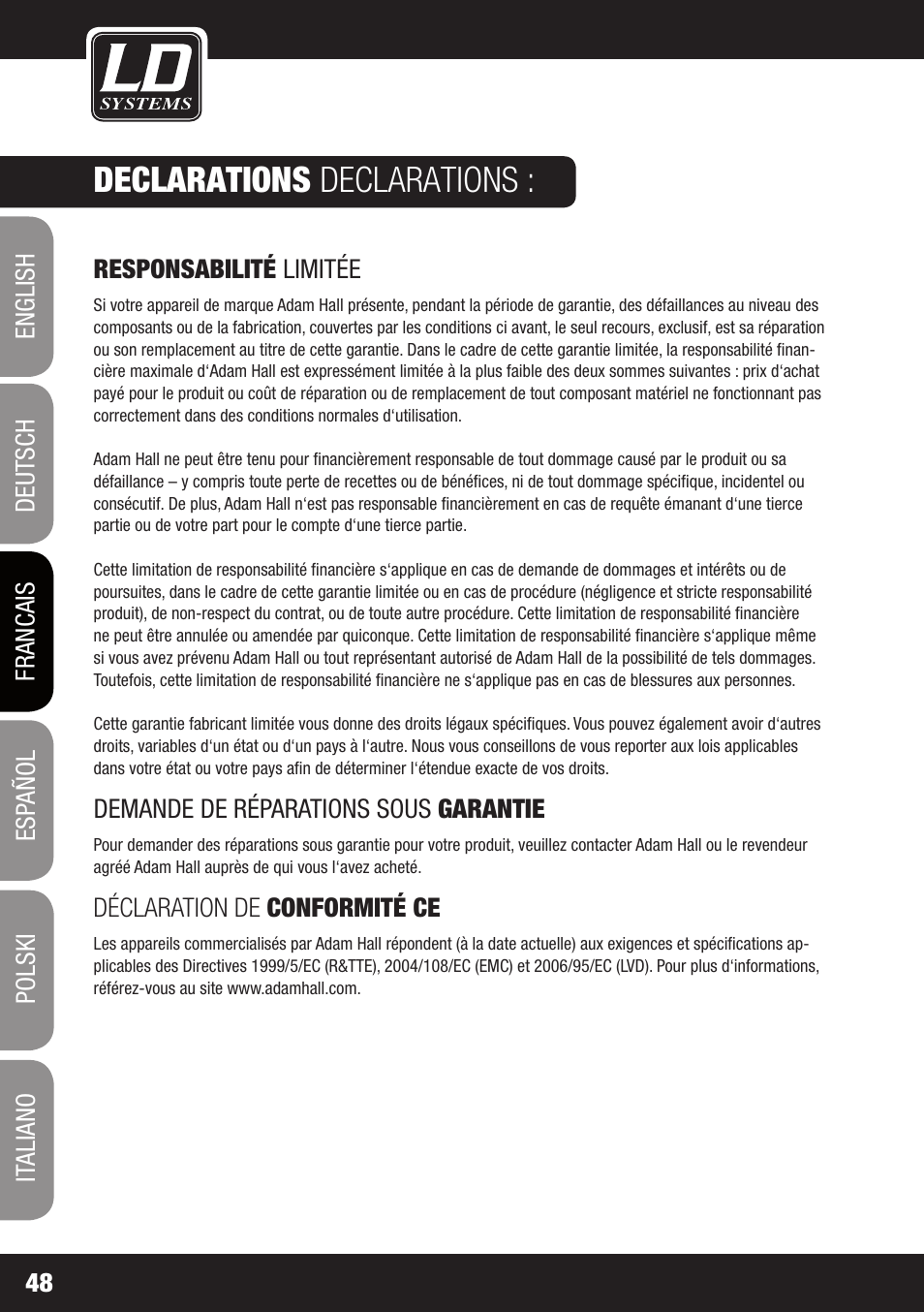 Declarations declarations | LD Systems XS 700 User Manual | Page 48 / 100