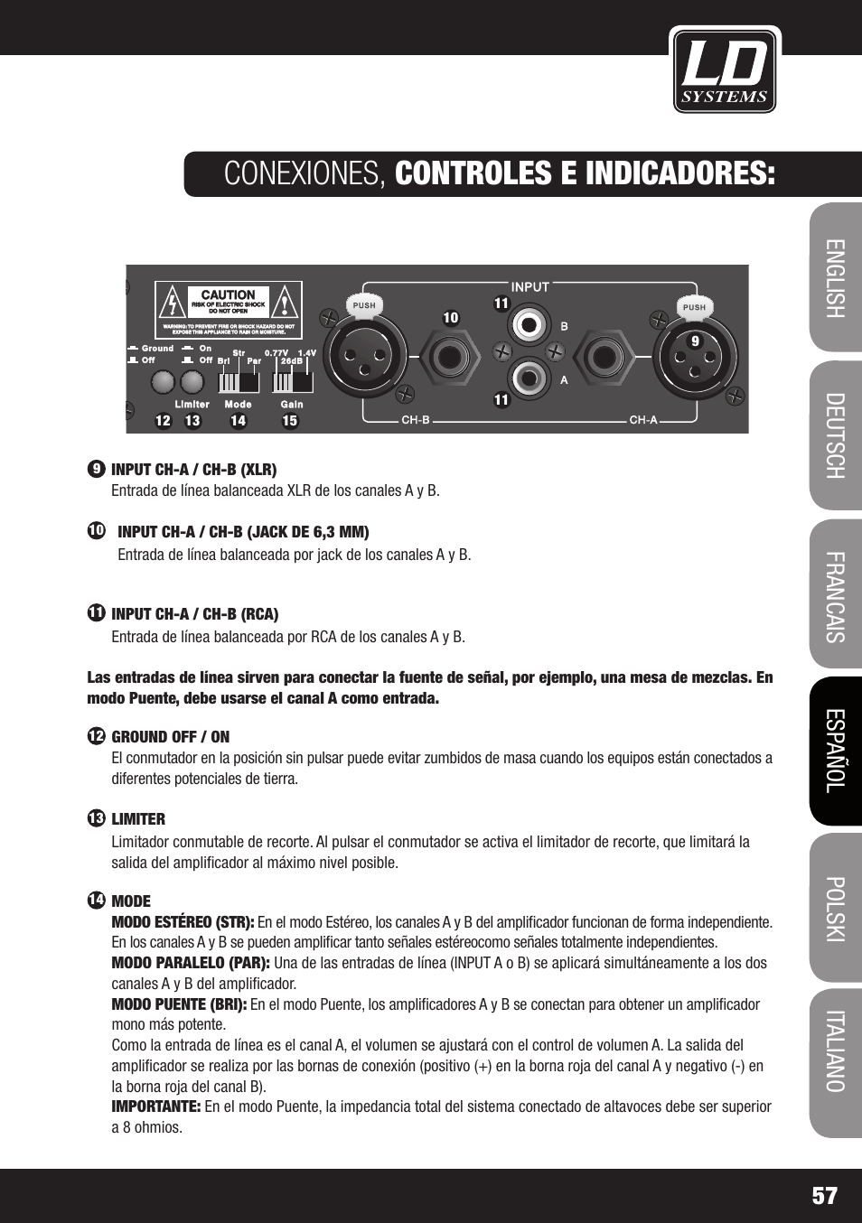 Conexiones, controles e indicadores | LD Systems XS 700 User Manual | Page 57 / 100