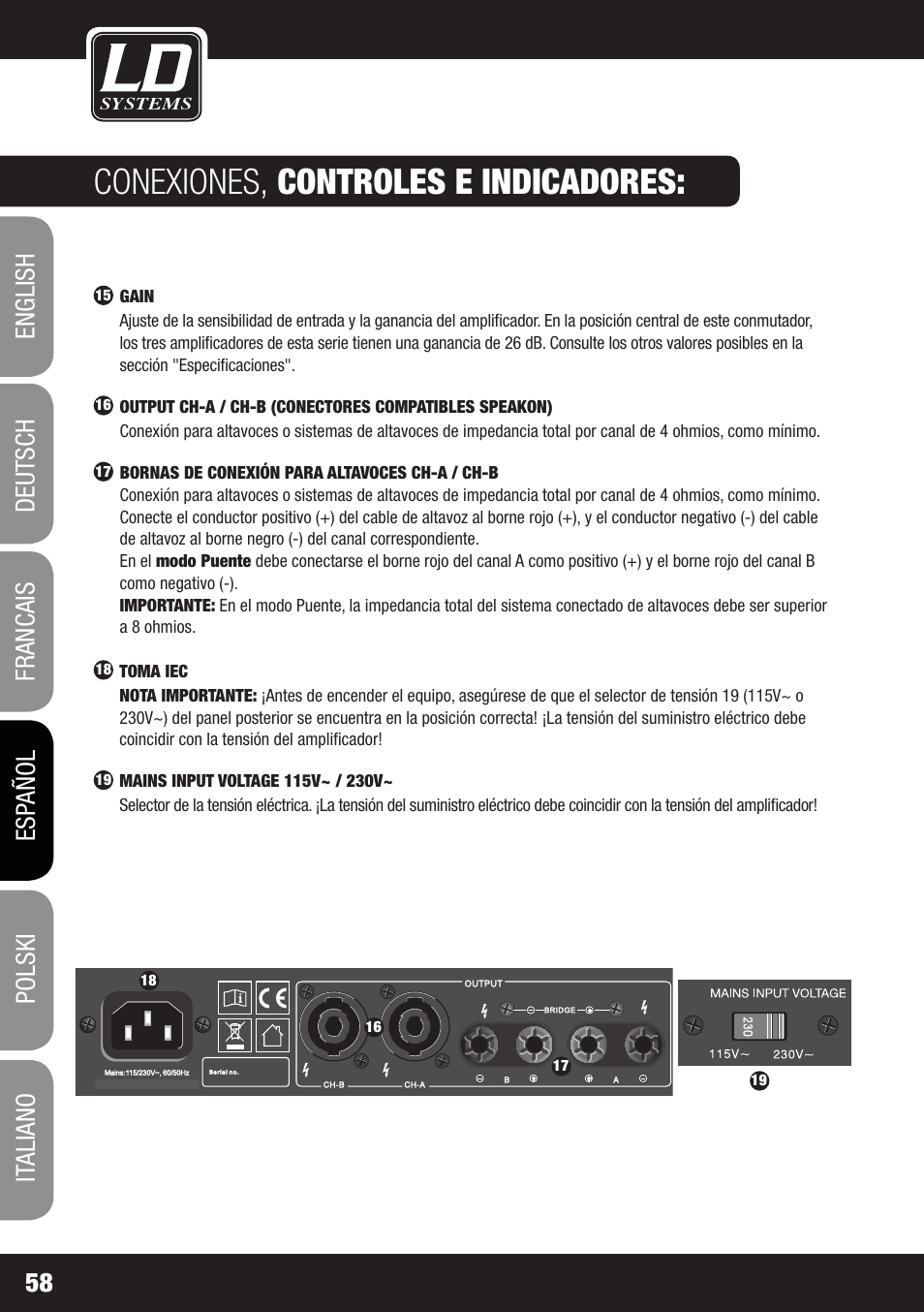 Conexiones, controles e indicadores | LD Systems XS 700 User Manual | Page 58 / 100