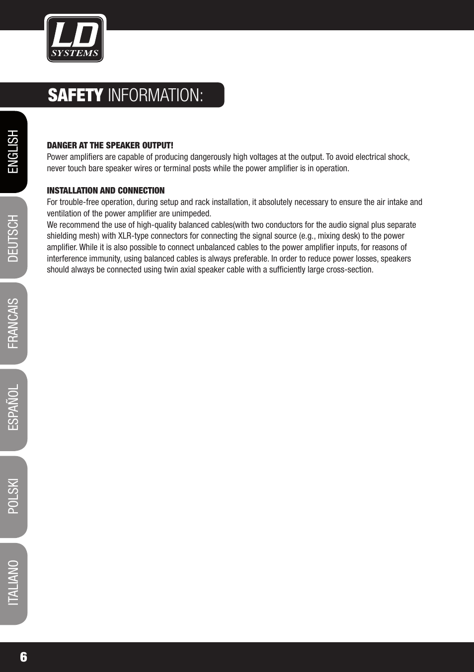 Safety information | LD Systems XS 700 User Manual | Page 6 / 100