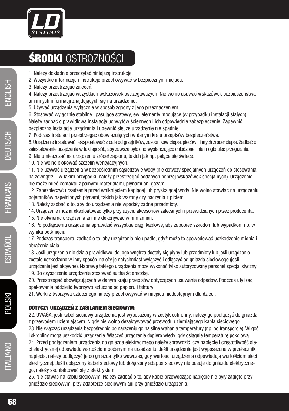 Środki ostrożności | LD Systems XS 700 User Manual | Page 68 / 100