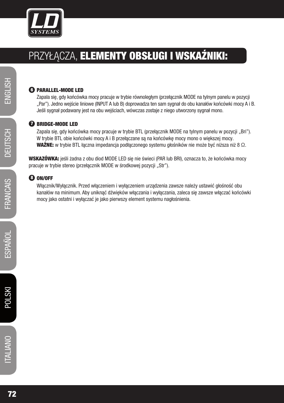 Przyłącza, elementy obsługi i wskaźniki | LD Systems XS 700 User Manual | Page 72 / 100