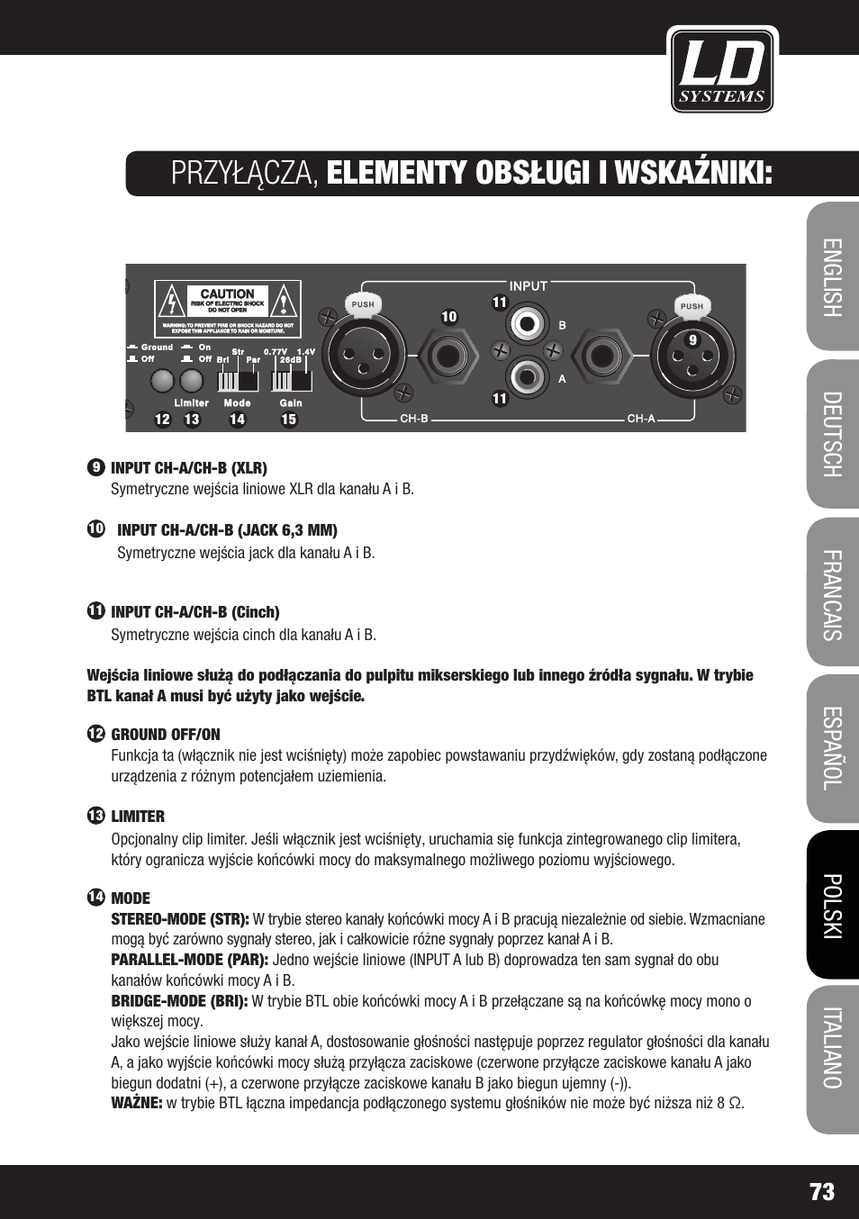 Przyłącza, elementy obsługi i wskaźniki | LD Systems XS 700 User Manual | Page 73 / 100