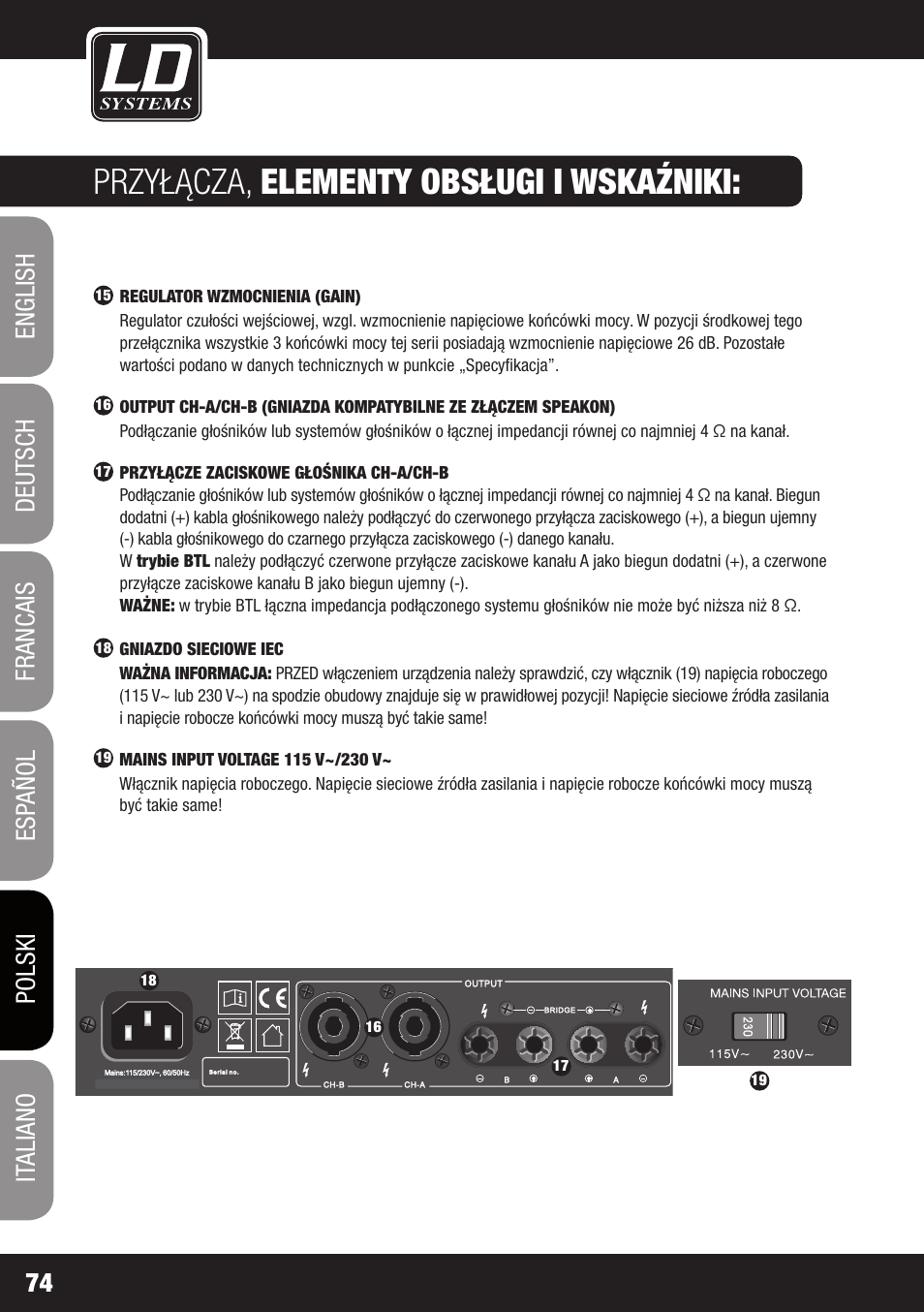 Przyłącza, elementy obsługi i wskaźniki | LD Systems XS 700 User Manual | Page 74 / 100