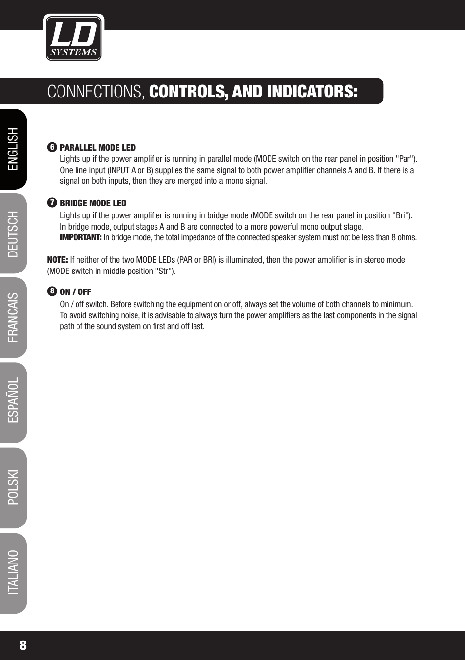 Connections, controls, and indicators | LD Systems XS 700 User Manual | Page 8 / 100