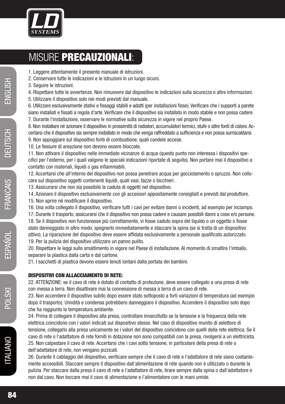 Misure precauzionali | LD Systems XS 700 User Manual | Page 84 / 100