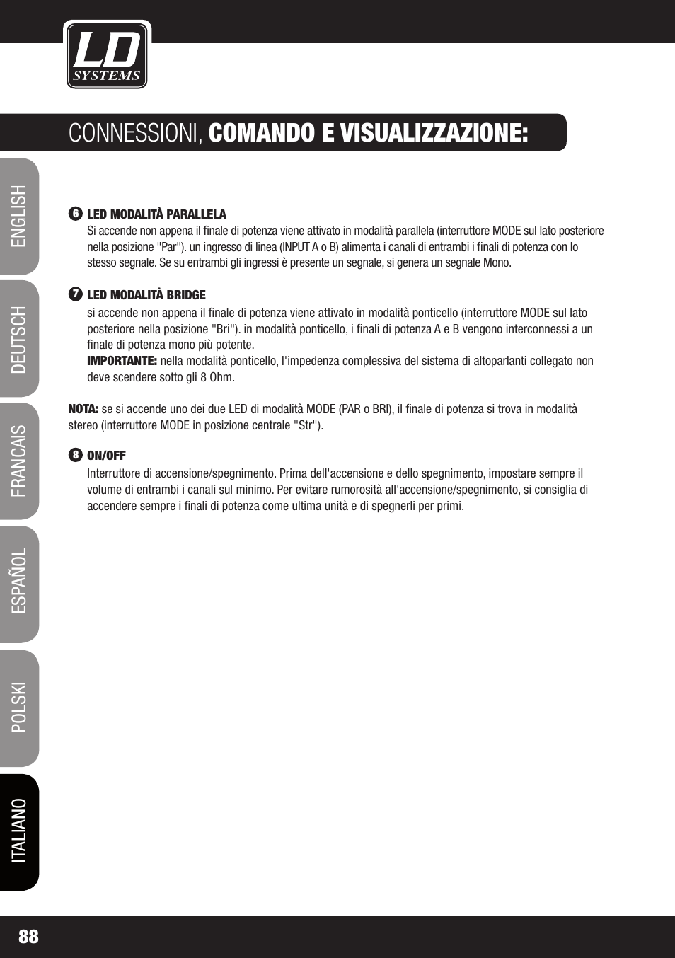 Connessioni, comando e visualizzazione | LD Systems XS 700 User Manual | Page 88 / 100