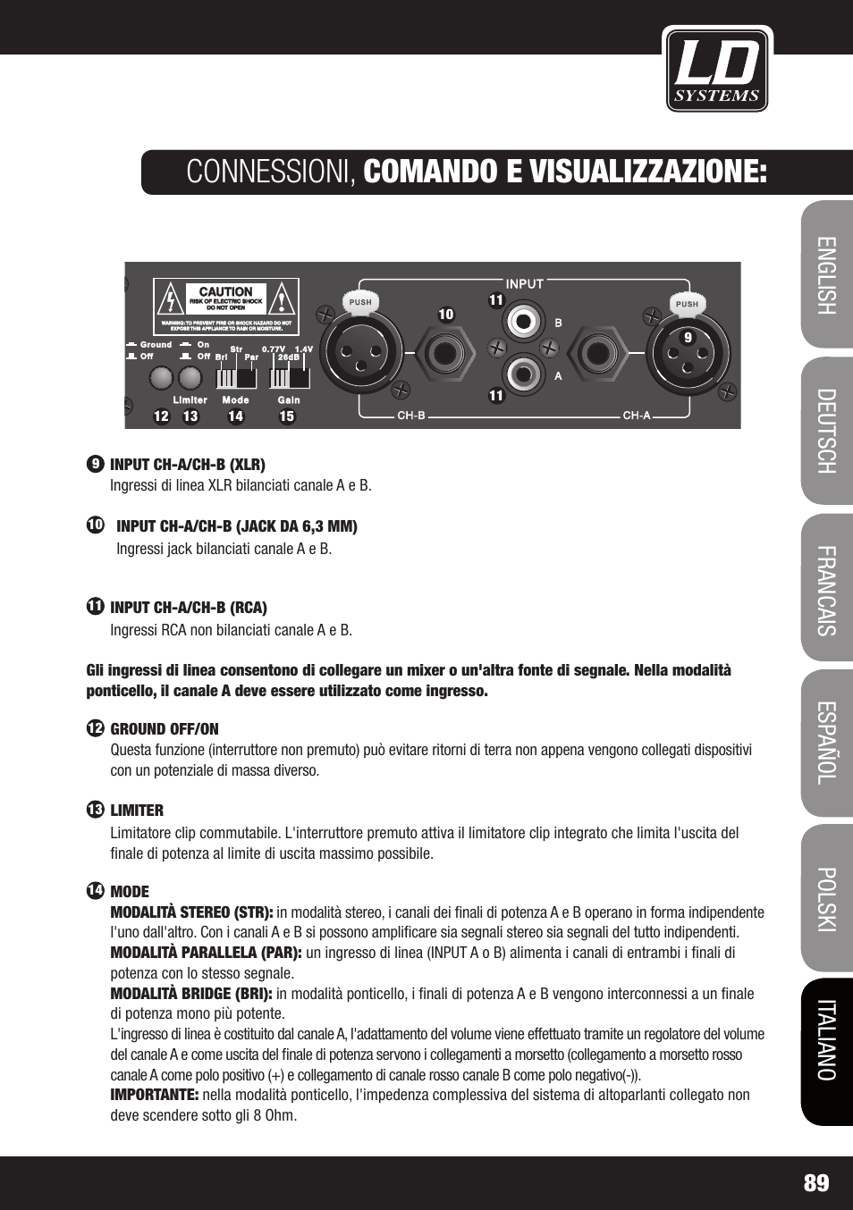 Connessioni, comando e visualizzazione | LD Systems XS 700 User Manual | Page 89 / 100