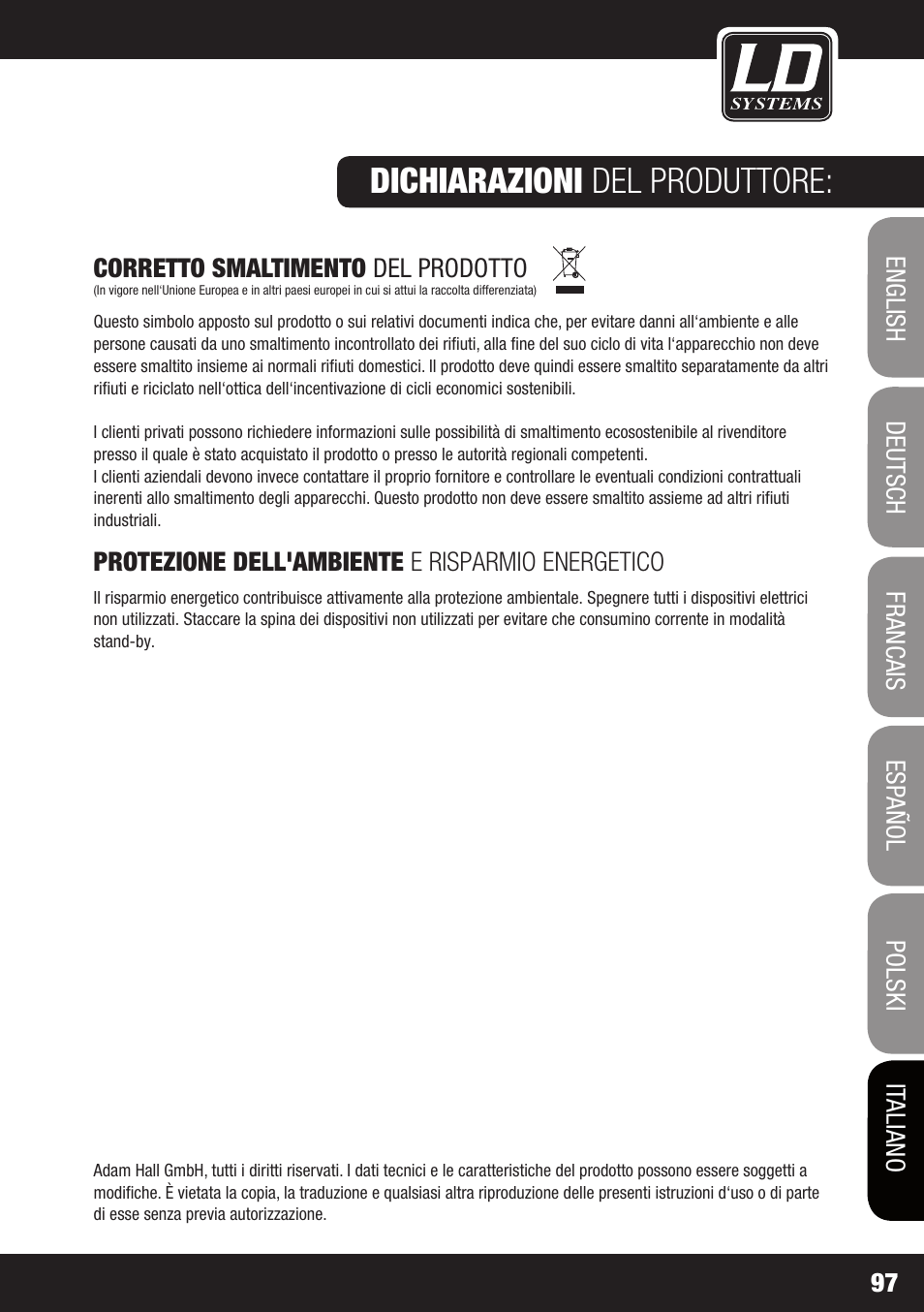 Dichiarazioni del produttore | LD Systems XS 700 User Manual | Page 97 / 100
