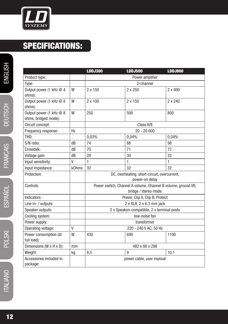 Specifications | LD Systems DJ 800 User Manual | Page 12 / 86