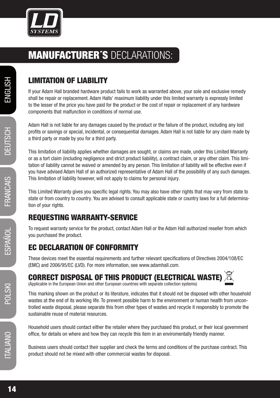 Manufacturer´s declarations | LD Systems DJ 800 User Manual | Page 14 / 86