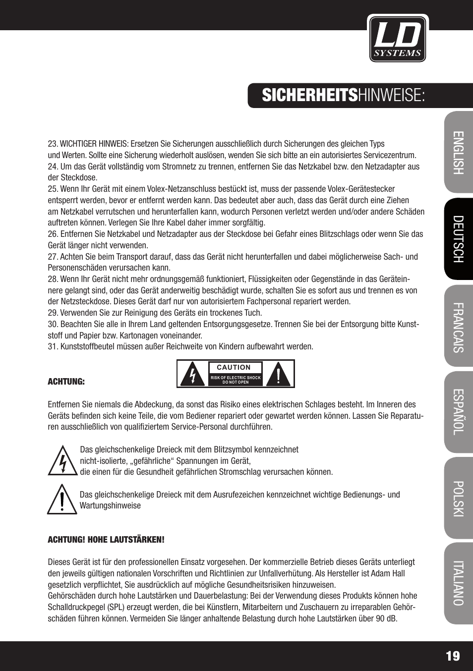 Sicherheits hinweise | LD Systems DJ 800 User Manual | Page 19 / 86