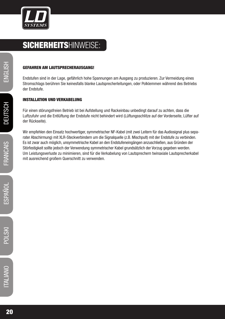 Sicherheits hinweise | LD Systems DJ 800 User Manual | Page 20 / 86