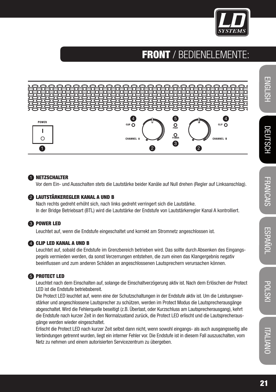 Front / bedienelemente | LD Systems DJ 800 User Manual | Page 21 / 86