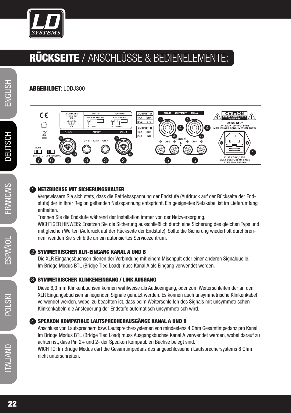 Rückseite / anschlüsse & bedienelemente | LD Systems DJ 800 User Manual | Page 22 / 86