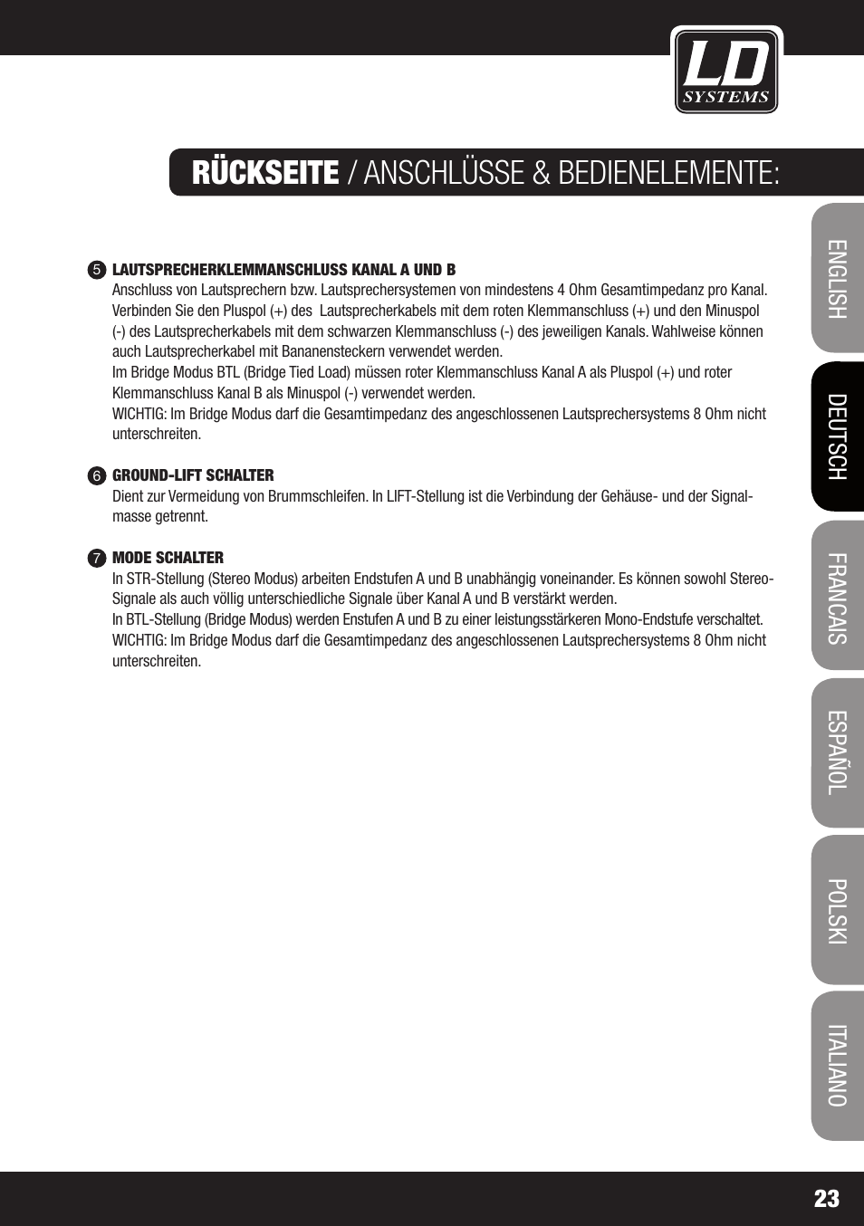 Rückseite / anschlüsse & bedienelemente | LD Systems DJ 800 User Manual | Page 23 / 86
