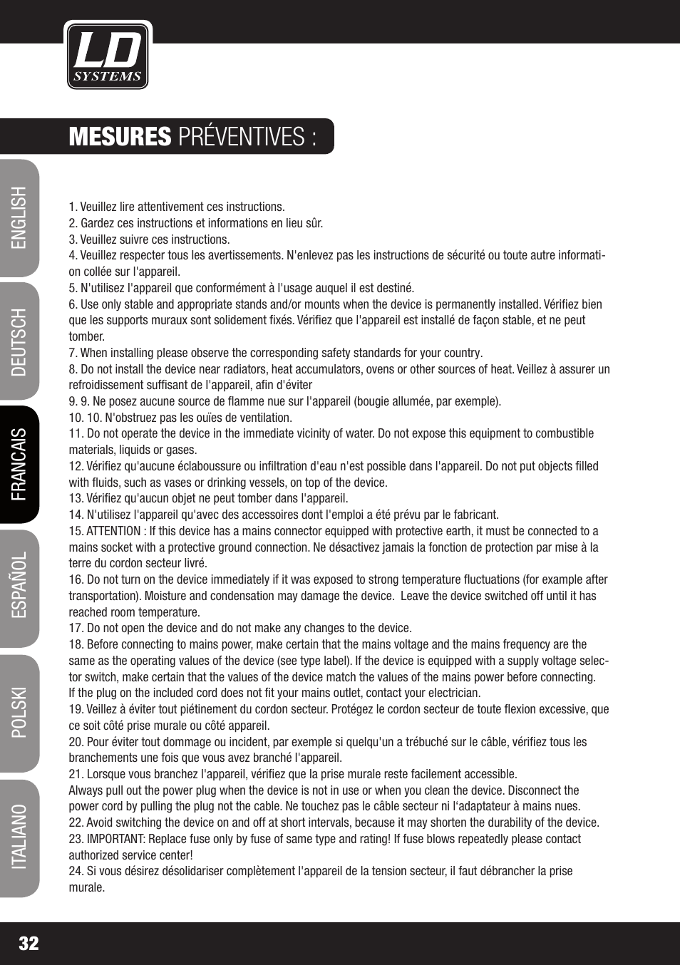 Mesures préventives | LD Systems DJ 800 User Manual | Page 32 / 86