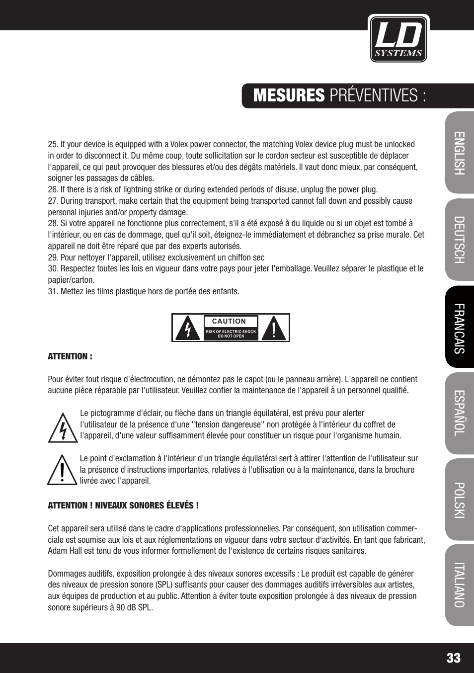 Mesures préventives | LD Systems DJ 800 User Manual | Page 33 / 86