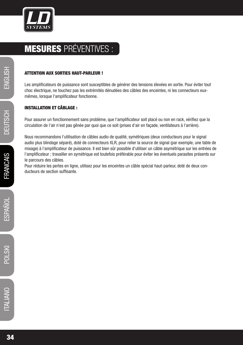 Mesures préventives | LD Systems DJ 800 User Manual | Page 34 / 86