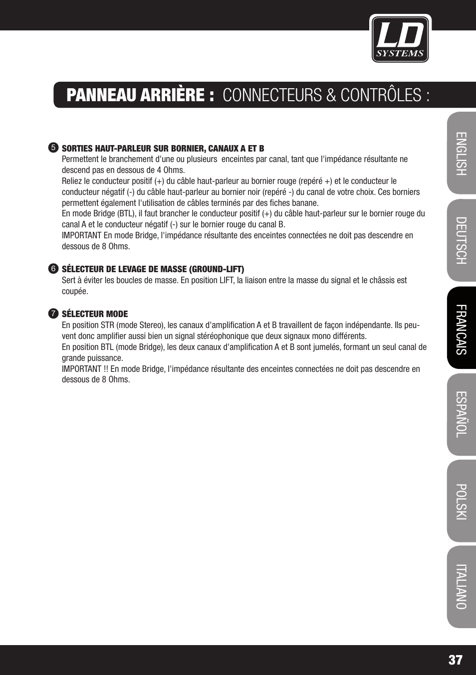 Panneau arrière : connecteurs & contrôles | LD Systems DJ 800 User Manual | Page 37 / 86