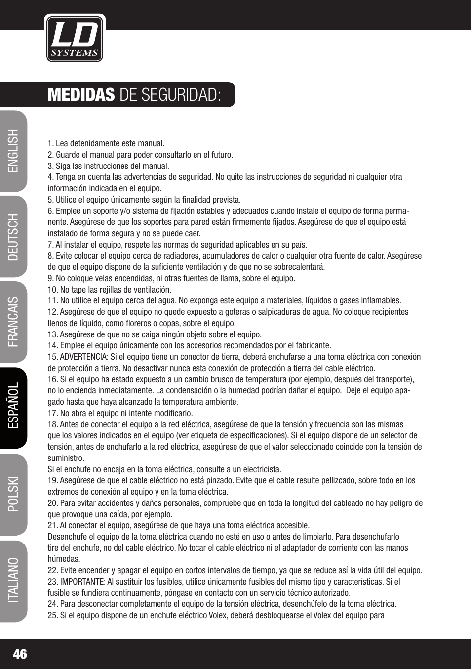 Medidas de seguridad | LD Systems DJ 800 User Manual | Page 46 / 86