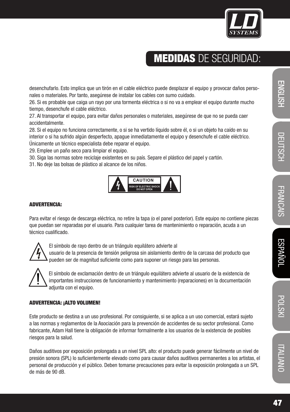 Medidas de seguridad, English | LD Systems DJ 800 User Manual | Page 47 / 86