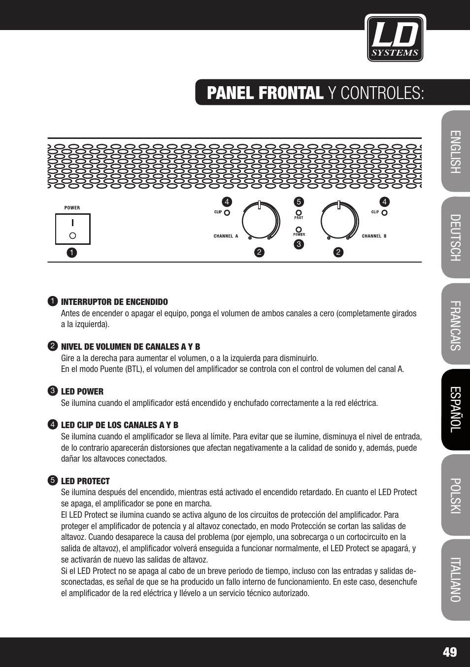 Panel frontal y controles | LD Systems DJ 800 User Manual | Page 49 / 86