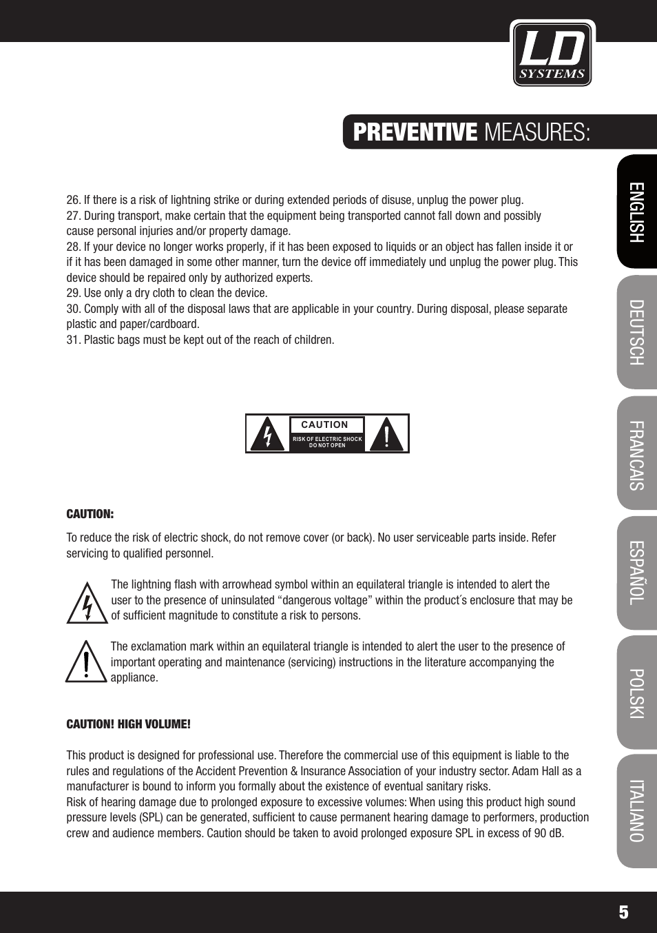 Preventive measures | LD Systems DJ 800 User Manual | Page 5 / 86