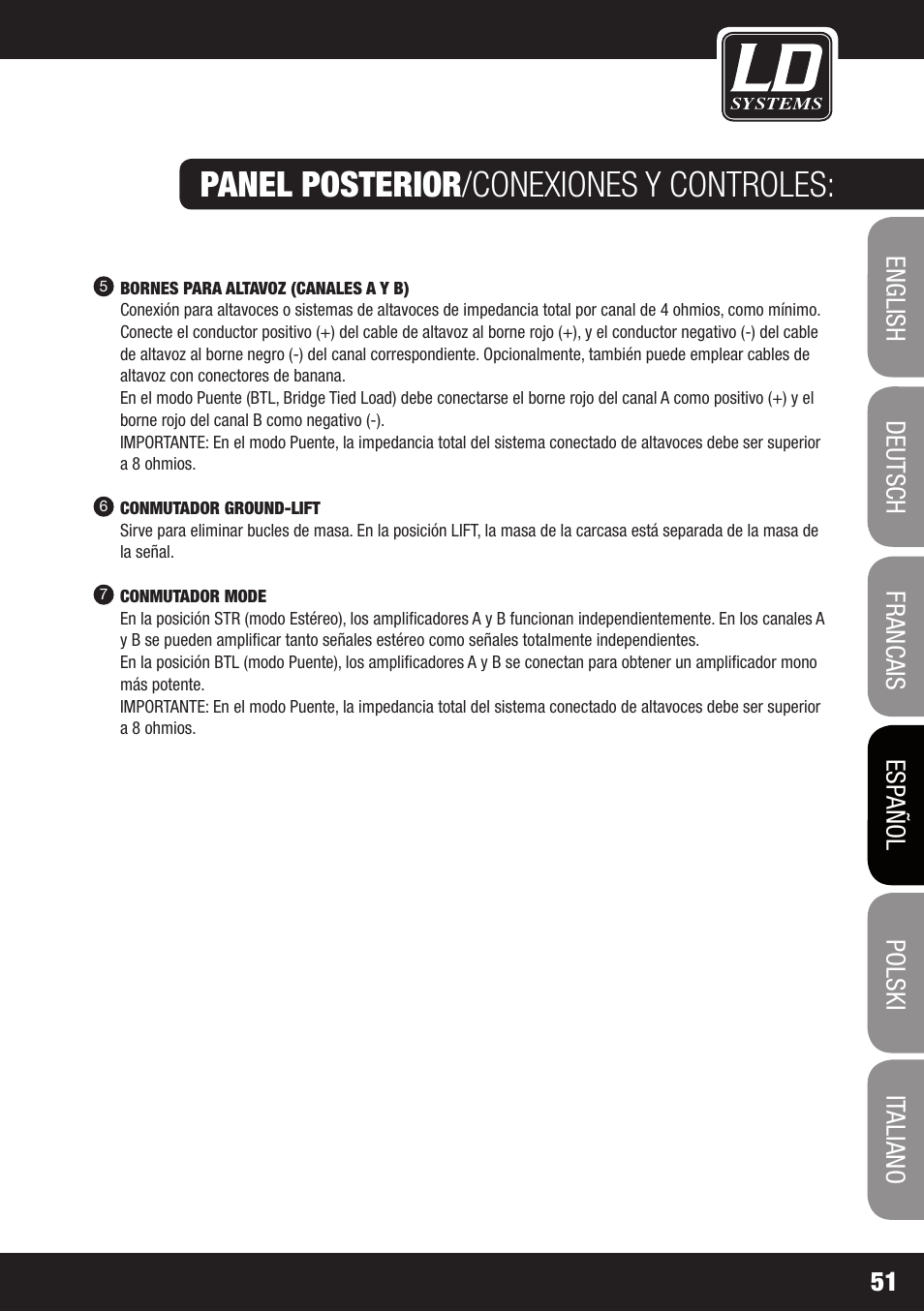 Panel posterior /conexiones y controles | LD Systems DJ 800 User Manual | Page 51 / 86