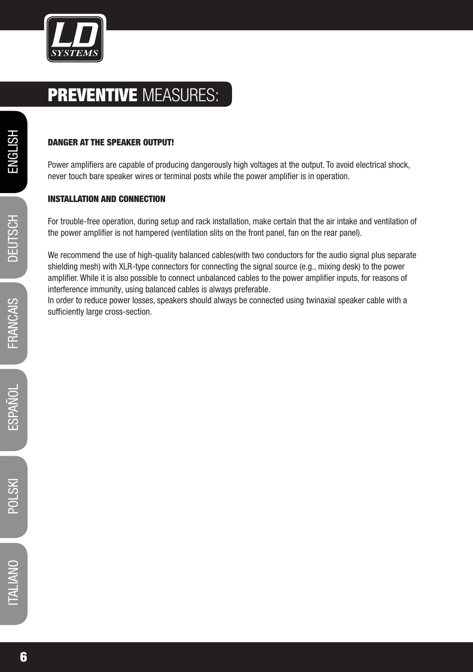 Preventive measures | LD Systems DJ 800 User Manual | Page 6 / 86