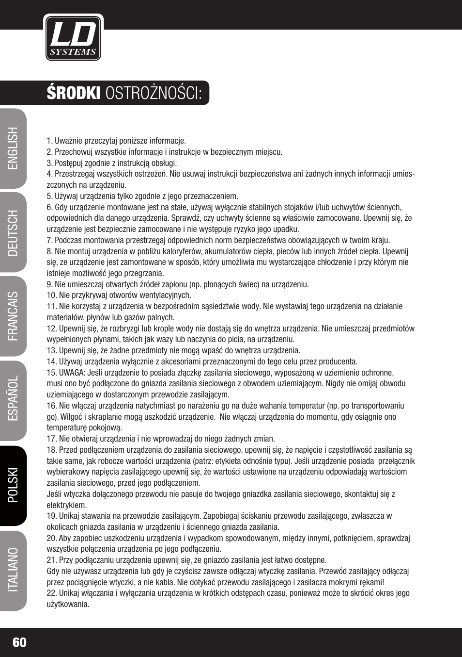 Środki ostrożności | LD Systems DJ 800 User Manual | Page 60 / 86